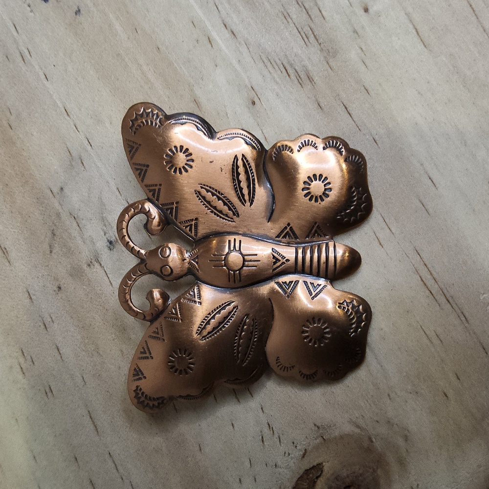 Beautiful vintage copper stamped butterfly brooch
